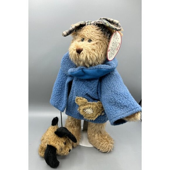 Progressive Plush Paige Bear With Puppy Wearing Blue Coat on Stand - Picture 1 of 8